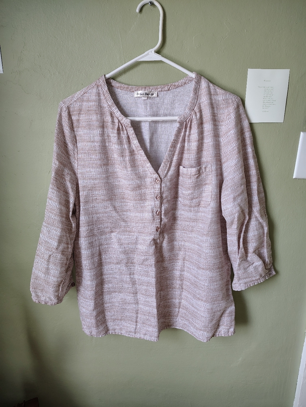 ☀️5/$25☀️Susan Bristol Women's Large White & Cream 3/4 Sleeve Linen Blend Blouse